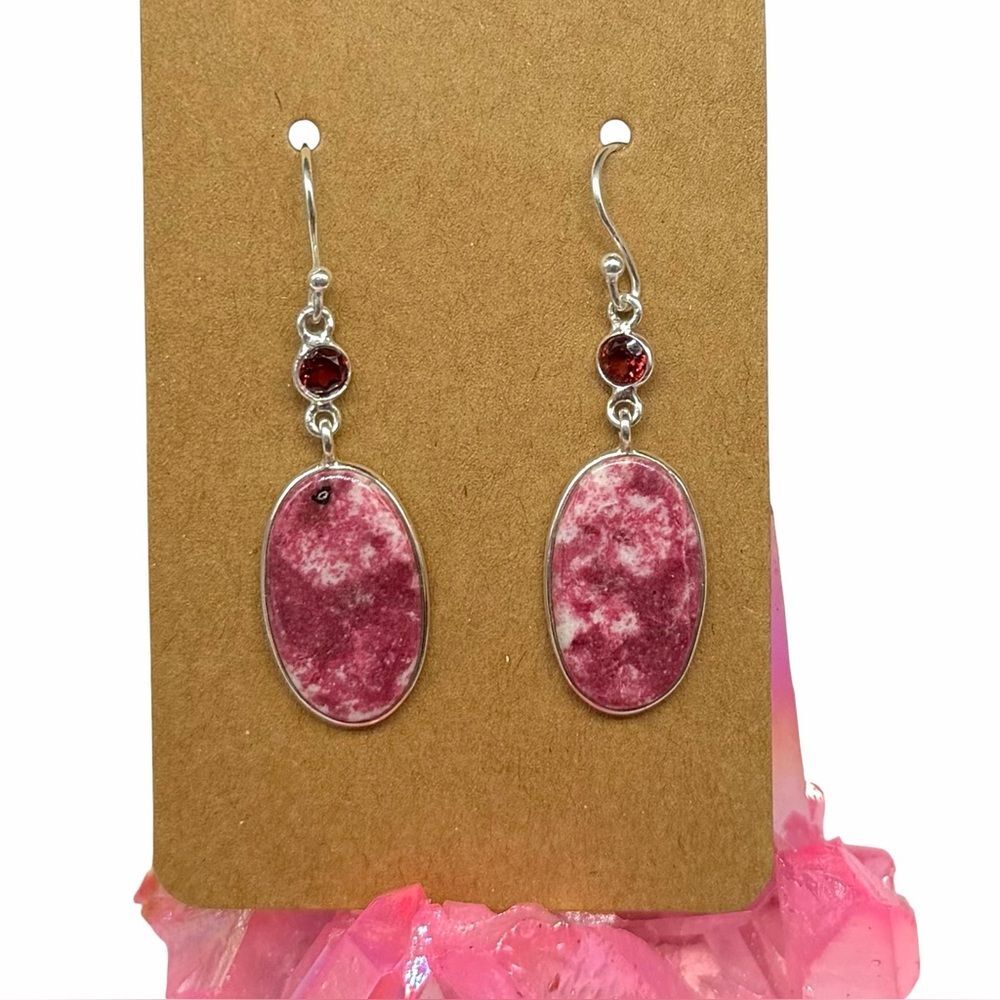 Pink Thulite & Garnet Earrings Solid 925 Sterling Silver Dangle Drop Stone